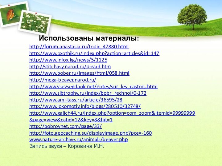 http://forum.anastasia.ru/topic_47880.htmlhttp://www.oxothik.ru/index.php?action=articles&id=147http://www.infox.kg/news/5/1125http://stitchasy.narod.ru/povad.htmhttp://www.bober.ru/images/html/058.htmlhttp://mega-beaver.narod.ru/http://www.vsevsegdaok.net/notes/sur_les_castors.htmlhttp://www.sibtrophy.ru/index/bobr_rechnoj/0-172http://www.ami-tass.ru/article/36595/28http://www.lokomotiv.info/blogs/280510/32748/http://www.galich44.ru/index.php?option=com_zoom&Itemid=99999999&page=view&catid=12&key=8&hit=1http://bobrovnet.com/page/33/http://foto.geocaching.su/displayimage.php?pos=-160www.nature-archive.ru/animals/beaver.phpЗапись звука – Коровина И.Н.Использованы материалы: