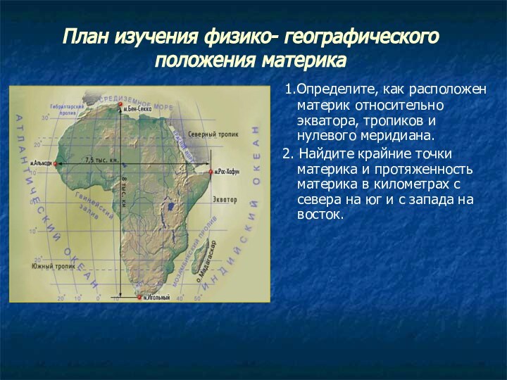 План изучения физико- географического положения материка 1.Определите, как расположен материк относительно экватора,
