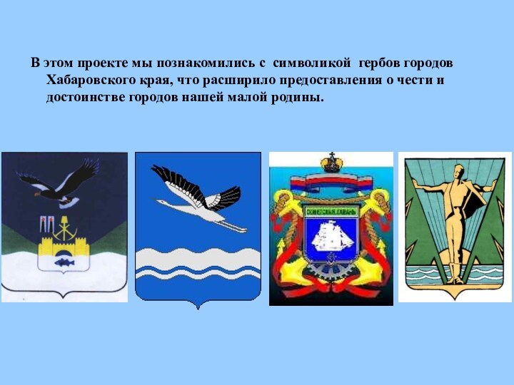 В этом проекте мы познакомились с символикой гербов городов Хабаровского края,