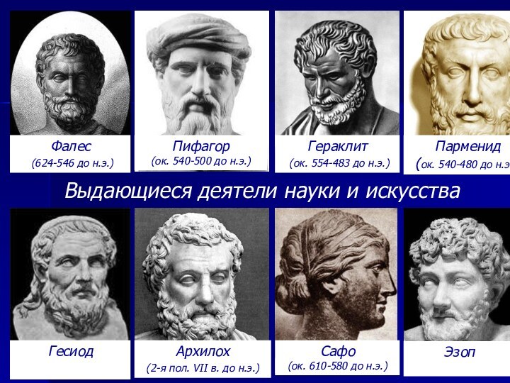 Выдающиеся деятели науки и искусства Фалес (624-546 до н.э.)Пифагор (ок. 540-500 до