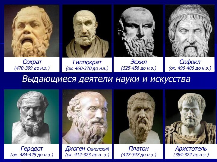 Сократ (470-399 до н.э.)Гиппократ(ок. 460-370 до н.э.)Эсхил(525-456 до н.э.)Софокл(ок. 496-406 до н.э.)Геродот(ок.