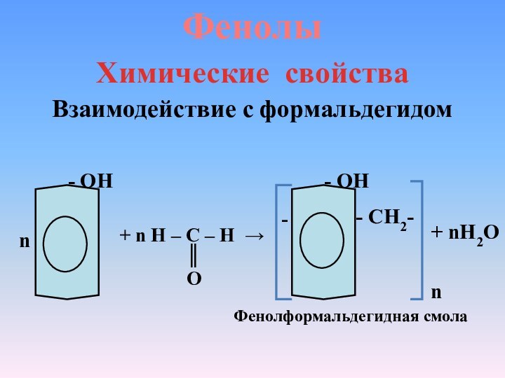 Фенолы Химические свойства Взаимодействие с формальдегидомn- ОН+ n H – C –