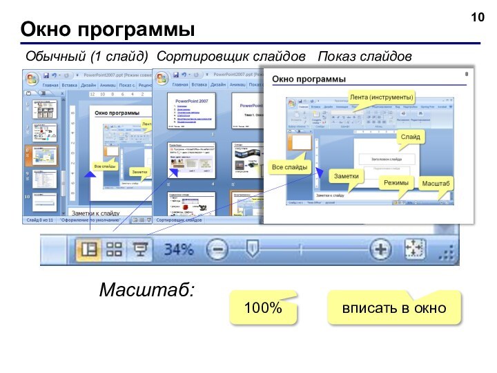 Окно программыОбычный (1 слайд)Сортировщик слайдовПоказ слайдовМасштаб:100%вписать в окно