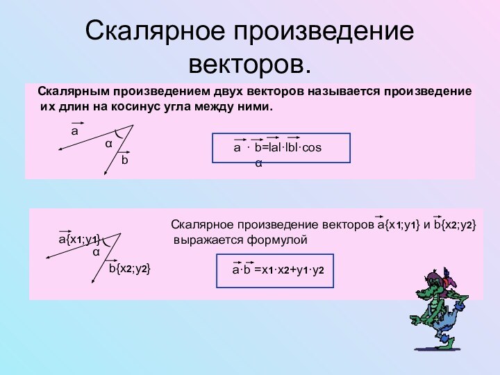Скалярное произведение векторов.Скалярным произведением двух векторов называется произведение их длин на косинус угла между ними.
