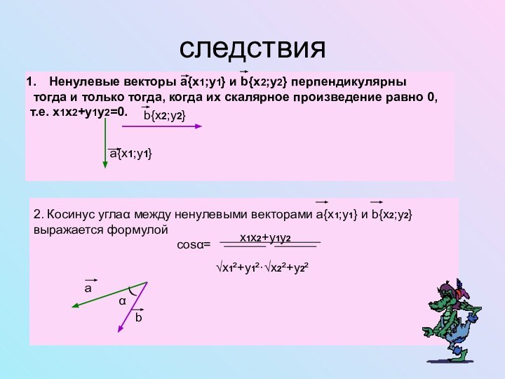следствияНенулевые векторы а{x1;y1} и b{x2;y2} перпендикулярны тогда и только тогда, когда их