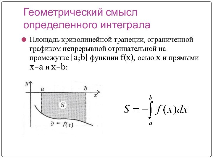 Геометрический смысл определенного интегралаПлощадь криволинейной трапеции, ограниченной графиком непрерывной отрицательной на промежутке
