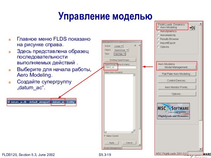 Управление моделью Главное меню FLDS показано на рисунке справа.Здесь представлена образец последовательности