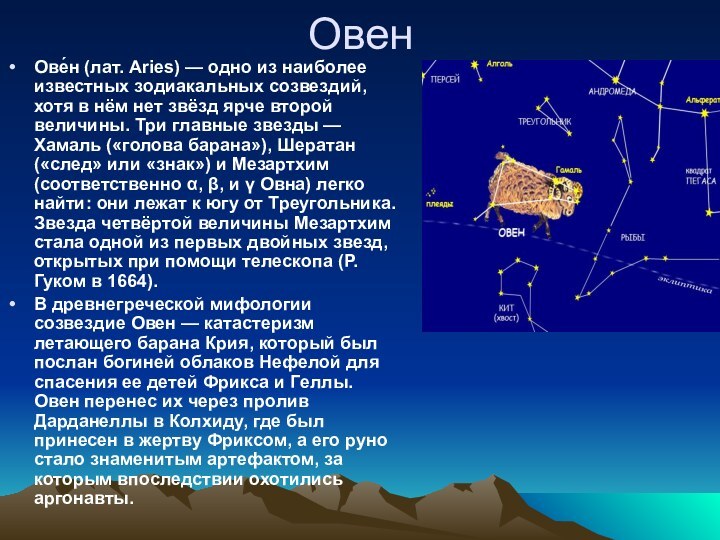 Овен Ове́н (лат. Aries) — одно из наиболее известных зодиакальных созвездий, хотя