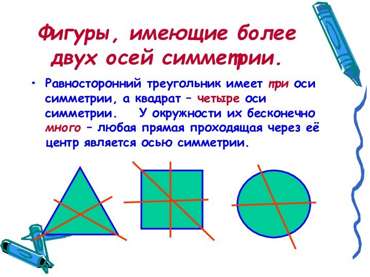Фигуры, имеющие более двух осей симметрии.Равносторонний треугольник имеет три оси симметрии, а