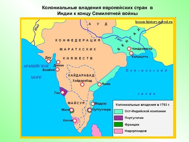 Колониальные владения европейских стран в Индии к концу Семилетней войны