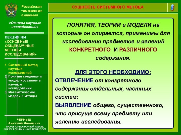 Российская таможенная академия«Основы научных исследований»1. Системный метод научных исследований 2. Понятия «модель»