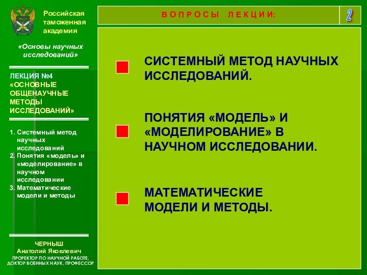 Российская таможенная академия«Основы научных исследований»1. Системный метод научных исследований 2. Понятия «модель»