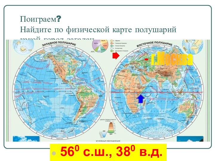 Поиграем?  Найдите по физической карте полушарий какой город загадан.560 с.ш., 380 в.д.г.Москва