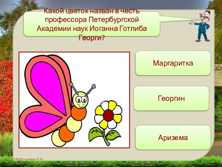 Какой цветок назван в честь профессора Петербургской Академии наук Иоганна Готлиба Георги? МаргариткаГеоргин Аризема