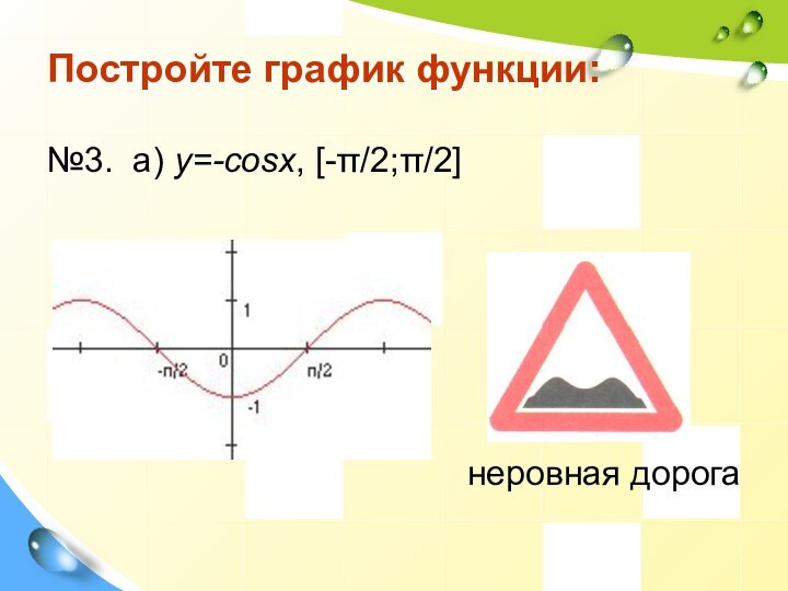 Постройте график функции:№3. а) у=-cosx, [-π/2;π/2] неровная дорога