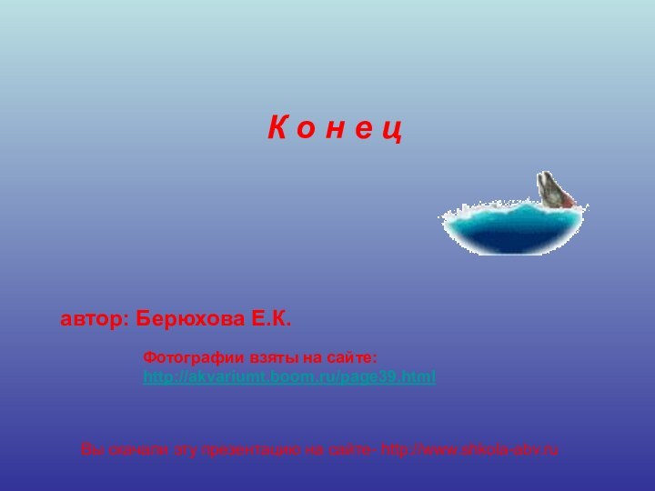 Фотографии взяты на сайте:http://akvariumt.boom.ru/page39.htmlК о н е цавтор: Берюхова Е.К.Вы скачали эту презентацию на сайте- http://www.shkola-abv.ru