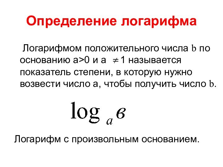 Определение логарифма	Логарифмом положительного числа b по основанию а>0 и а