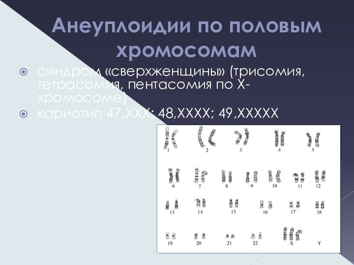 Анеуплоидии по половым хромосомамсиндром «сверхженщины» (трисомия, тетрасомия, пентасомия по X-хромосоме)кариотип 47,XXX; 48,XXXX; 49,XXXXX