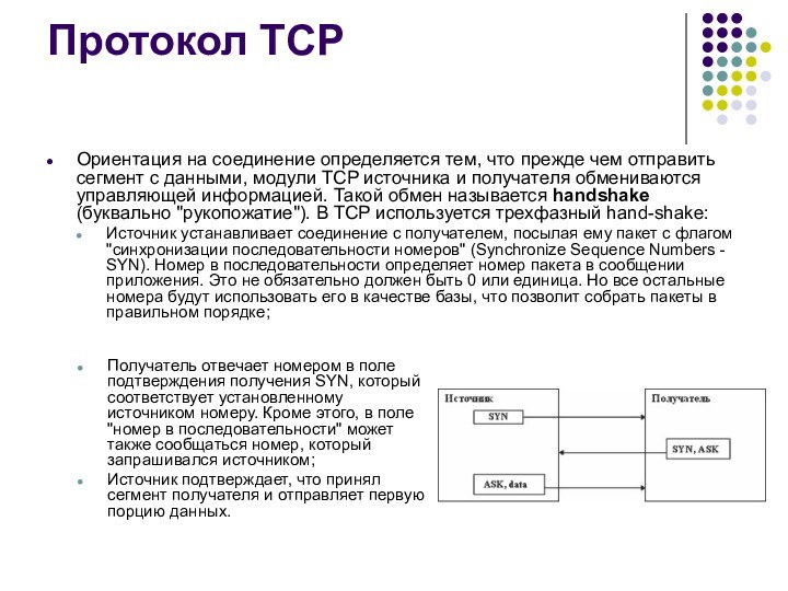 Протокол TCPОриентация на соединение определяется тем, что прежде чем отправить сегмент с