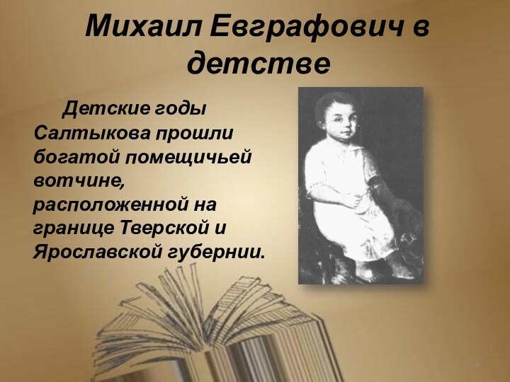 Михаил Евграфович в детстве Детские годы Салтыкова прошли богатой помещичьей вотчине, расположенной