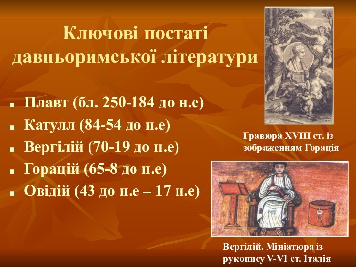 Ключові постаті давньоримської літературиПлавт (бл. 250-184 до н.е)Катулл (84-54 до н.е)Вергілій (70-19