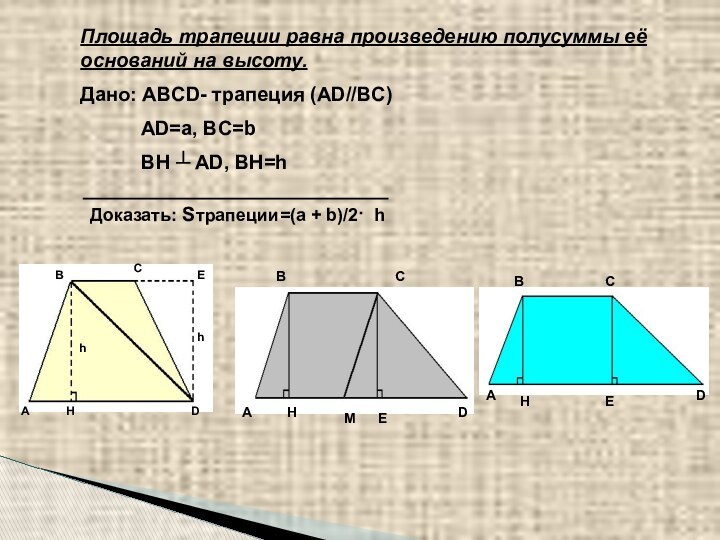 Площадь трапеции равна произведению полусуммы её оснований на высоту.Дано: ABCD- трапеция (AD//BC)