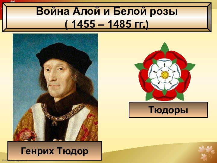 Война Алой и Белой розы( 1455 – 1485 гг.) ТюдорыГенрих Тюдор