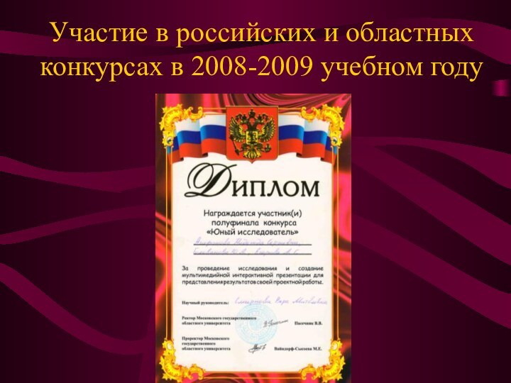 Участие в российских и областных конкурсах в 2008-2009 учебном году