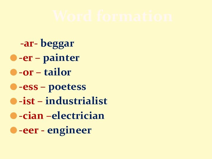 Word formation  -ar- beggar-er – painter-or – tailor-ess – poetess-ist – industrialist-cian –electrician-eer - engineer