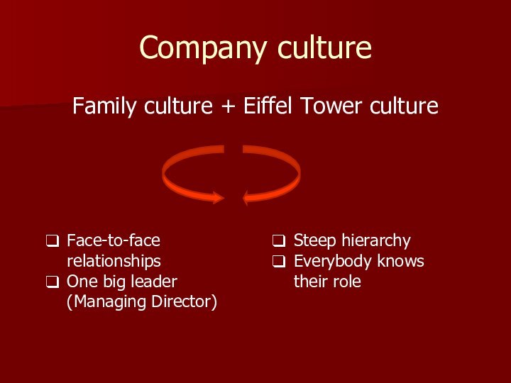 Company cultureFamily culture + Eiffel Tower cultureFace-to-face relationshipsOne big leader (Managing Director)Steep hierarchyEverybody knows their role