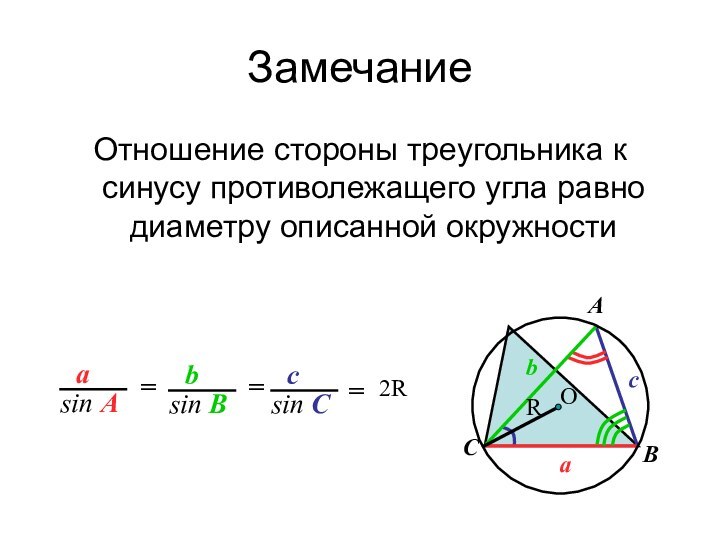 СbacABЗамечаниеОтношение стороны треугольника к синусу противолежащего угла равно диаметру описанной окружностиasin Absin Bcsin C===2RRО