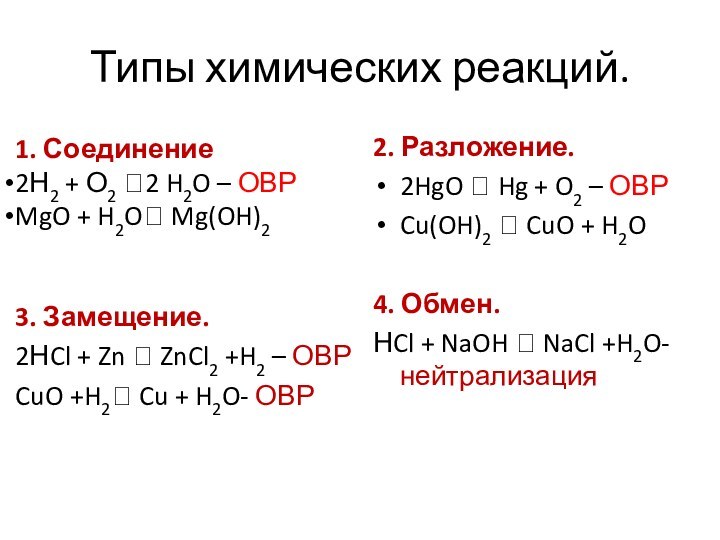 Типы химических реакций.1. Соединение2Н2 + О2 ?2 H2O – ОВРMgO + H2O?