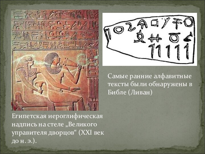 Самые ранние алфавитные тексты были обнаружены в Библе (Ливан)Египетская иероглифическая надпись на