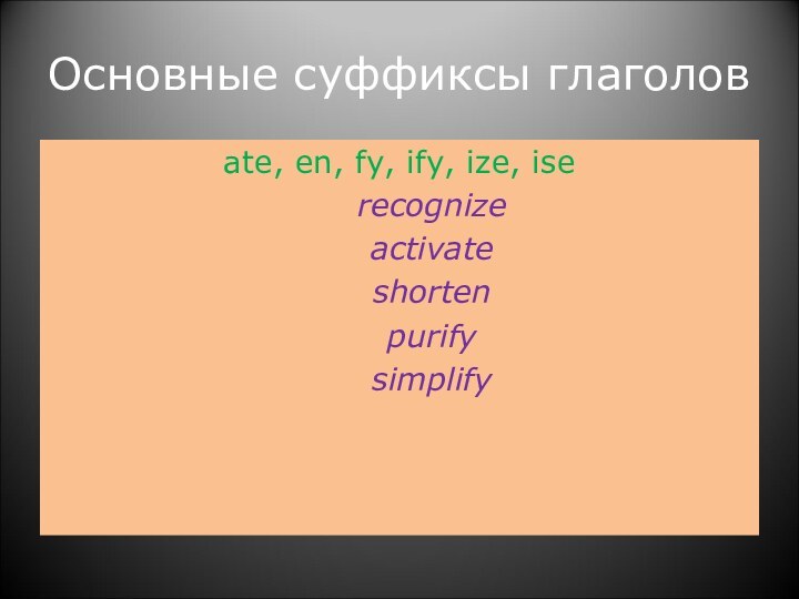 Основные суффиксы глаголовate, en, fy, ify, ize, ise   recognize