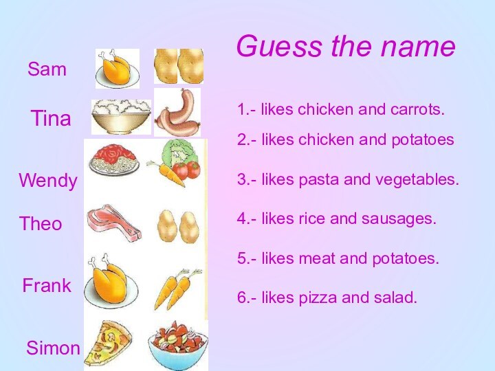 Guess the nameTinaTheoFrankSimone.g.	I like chicken and carrots.  Frank