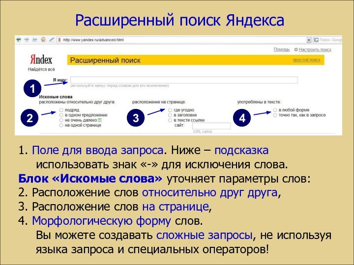Расширенный поиск Яндекса1. Поле для ввода запроса. Ниже – подсказка использовать знак
