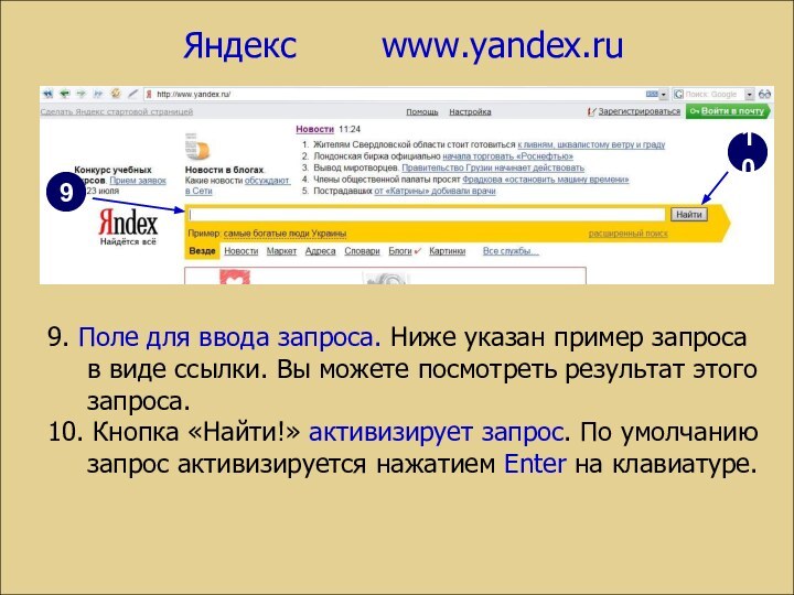 Яндекс 		www.yandex.ru1099. Поле для ввода запроса. Ниже указан пример запроса в виде