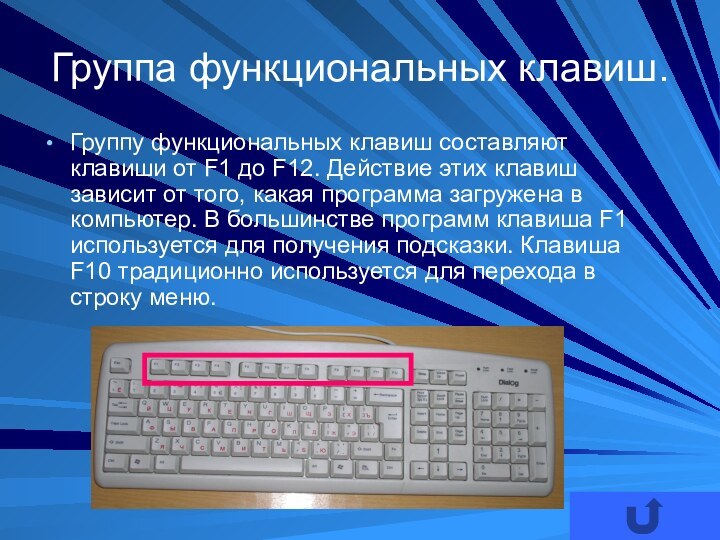 Группа функциональных клавиш.Группу функциональных клавиш составляют клавиши от F1 до F12. Действие