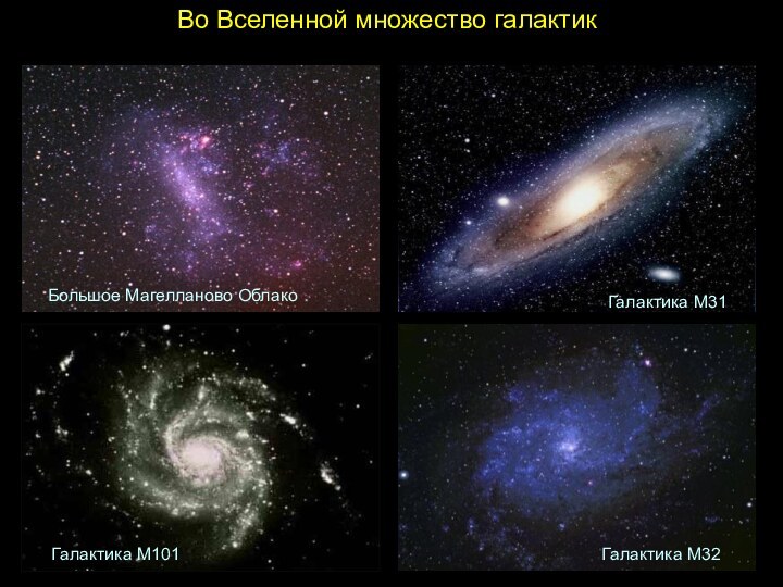 Во Вселенной множество галактикБольшое Магелланово ОблакоГалактика М31Галактика М32Галактика M101