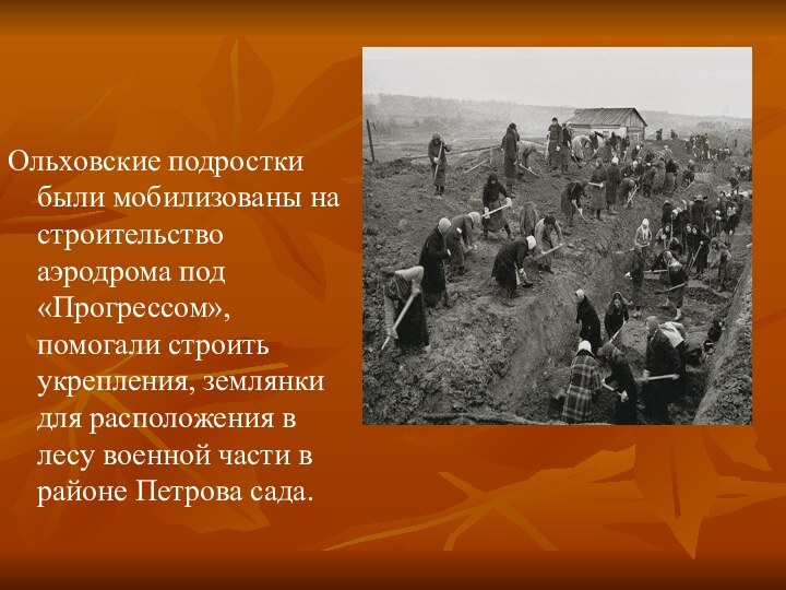 Ольховские подростки были мобилизованы на строительство аэродрома под «Прогрессом», помогали строить укрепления,