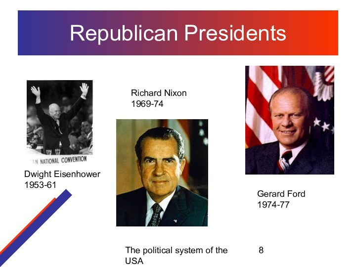 The political system of the USARepublican PresidentsDwight Eisenhower1953-61Richard Nixon1969-74Gerard Ford1974-77