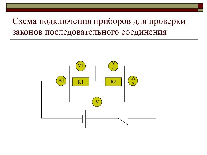 Схема подключения приборов для проверки законов последовательного соединенияR1A2V2VV1A1R2