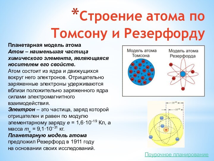 Строение атома по Томсону и РезерфордуПланетарная модель атомаАтом – наименьшая частица химического