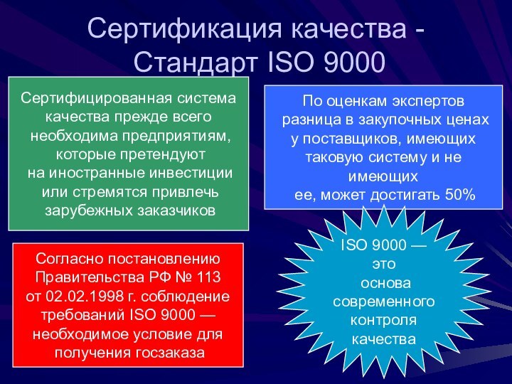 Сертификация качества -  Стандарт ISO 9000Сертифицированная система качества прежде всего необходима