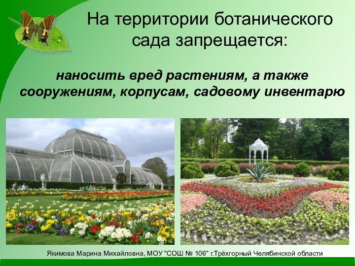 На территории ботанического сада запрещается:наносить вред растениям, а также сооружениям, корпусам, садовому