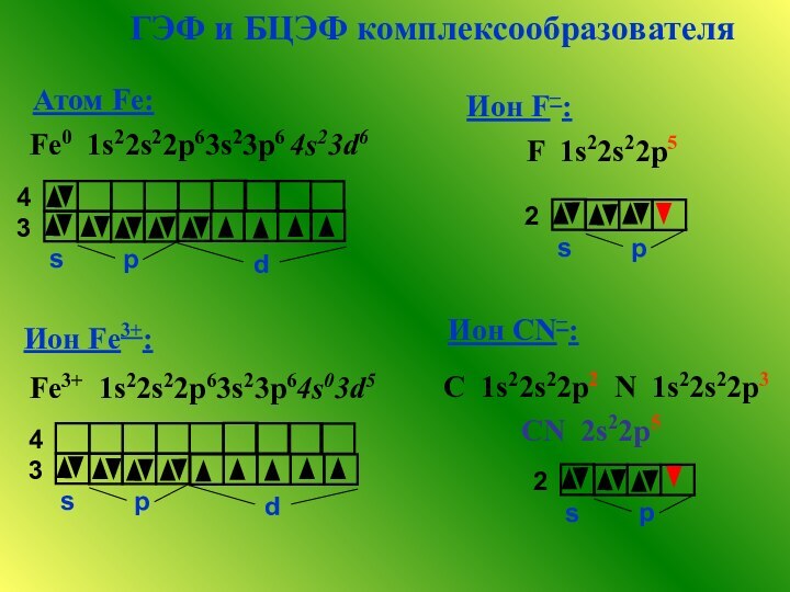ГЭФ и БЦЭФ комплексообразователяАтом Fe:   Fe0 1s22s22p63s23p6 4s23d6Fe3+ 1s22s22p63s23p64s03d5Ион Fe3+:Ион