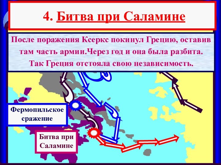 4. Битва при СаламинеФермопильскоесражениеПосле поражения Ксеркс покинул Грецию, оставивтам часть армии.Через