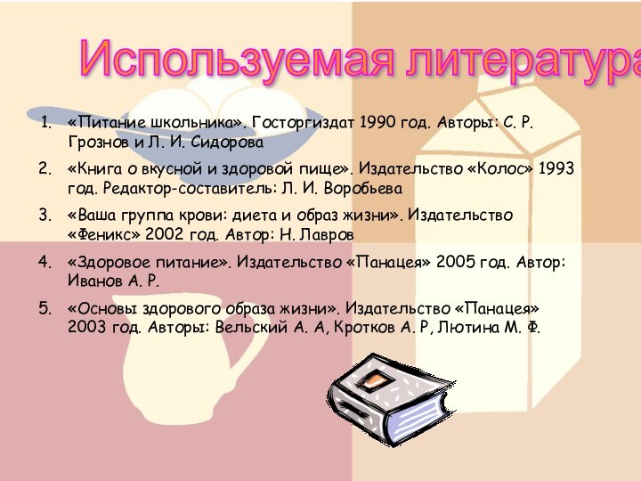 Используемая литература «Питание школьника». Госторгиздат 1990 год. Авторы: С. Р. Грознов и