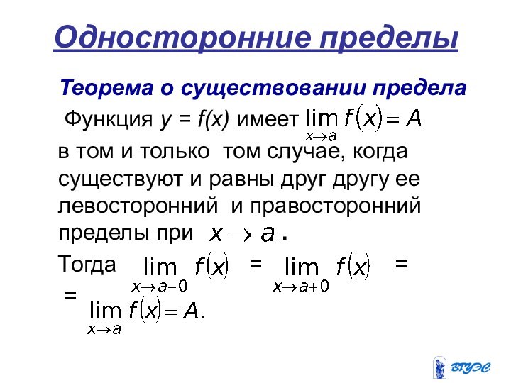 Односторонние пределы  Теорема о существовании предела 	Функция у = f(х) имеет