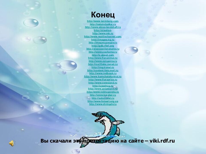Конец http://www.leninburg.com http://nature.baikal.ru http://www.abies-landshaft.ru http://creation. http://www.mk.ru http://www.reptilechannel.com http://images.ng.ru http://images.google.ru http://gdb.rferl.org http://playcast.fanstudio.ru http://www.zoohome.ru